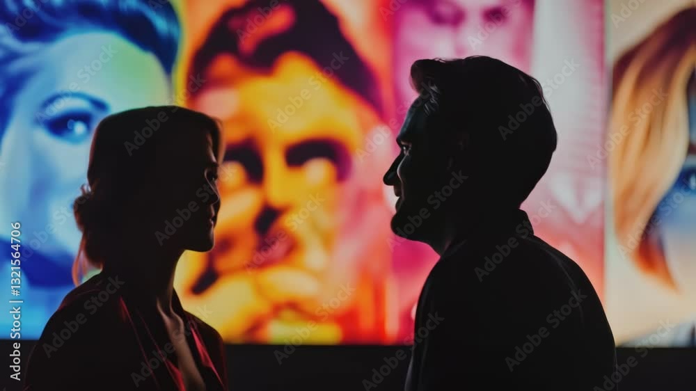 Silhouette profiles of two actors, a man and a woman, rehearsing lines from a play or movie script, their faces illuminated by a large, vibrant, colorful backdrop featuring stylized portraits