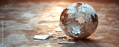 Concept art of a globe shattering into pieces, symbolizing global conflicts, crises, and the fragility of Earth, moody shadows, ethereal glow, ultraHD