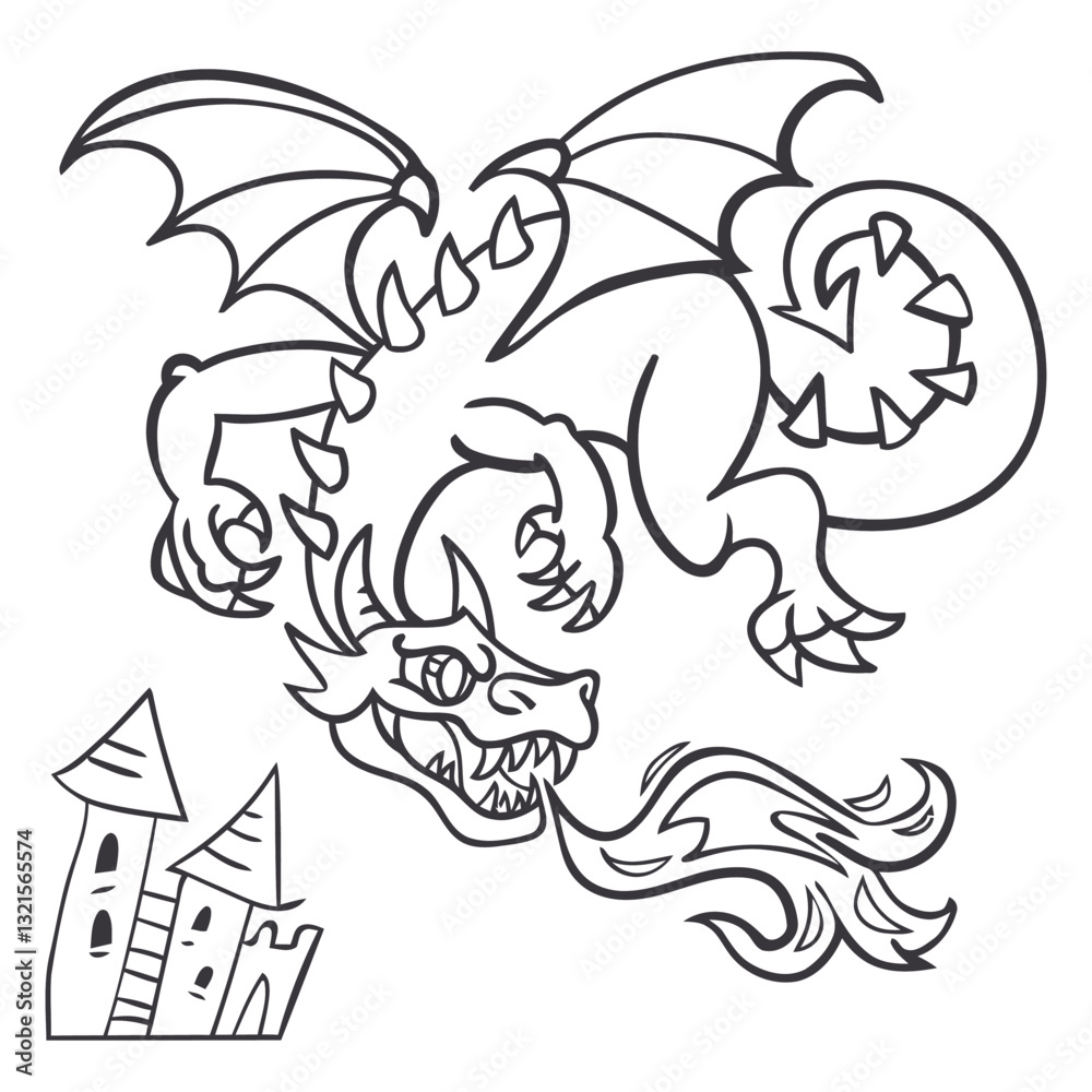 Fototapeta premium evil dragon flying fire outline.