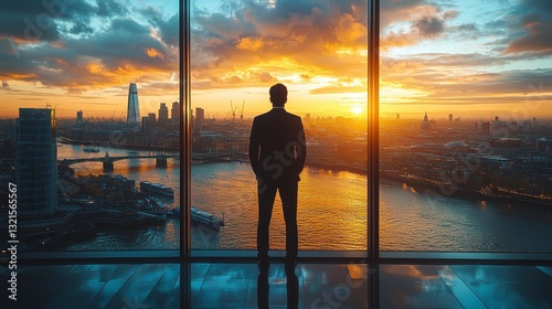 Corporate Leader Standing in Front of Urban Skyline at Sunset with Water View