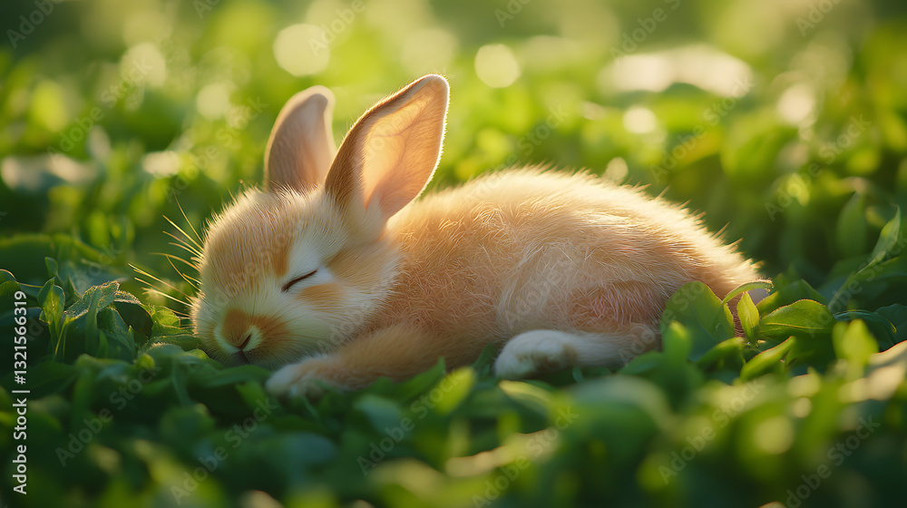 Fototapeta premium Cute fluffy rabbit sleeping peacefully on lush green grass in a serene natural setting