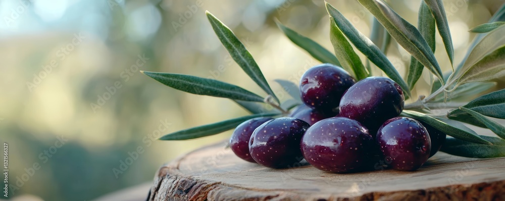 Obraz premium Freshly picked olives resting on a wooden board, arranged in an authentic Mediterranean harvest scene with rustic charm.
