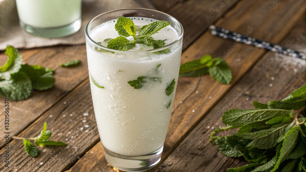 Tall glass of chilled ayran with mint and condensation on wooden table Tall glass of chilled ayran with mint and condensation on wooden table