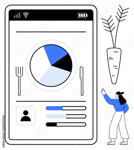 Nutrition tracking app interface with pie chart, progress bars, user profile, and a carrot. Woman pointing at the screen. Ideal for health, wellness, diet, technology food analytics fitness