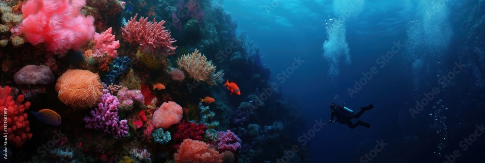 Fototapeta premium A diver explores a vibrant coral reef filled with colorful corals, fish, and marine life, showcasing the beauty and diversity of underwater ecosystems.