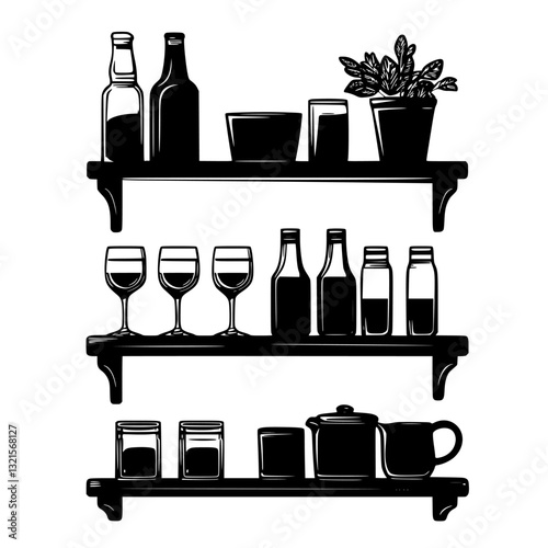 Vintage Pantry shelving, household object, vector graphic