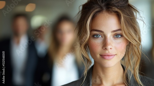 Confident Young Woman Smiling with Business Team in Background at Modern Office