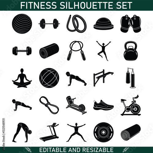 Fitness Silhouette Icons Weights, Yoga, Cardio, Exercise Set