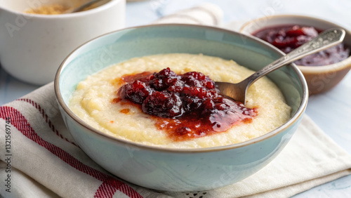 Warm semolina porridge with a swirl of fruit jam on top
