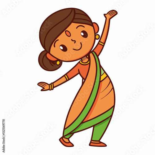 Colorful Cartoon Girl Wearing Cultural Dress with Yellow Flowers and Bangles – Vector Logo for Festivals, Graphic Ads, and Screen-Printed T-Shirts