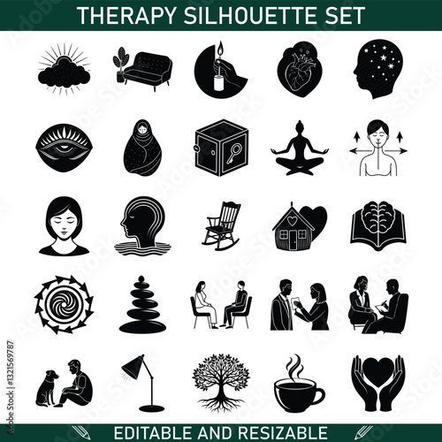 Therapy Silhouette Set Mental Health, Wellness, and SelfCare Icons
