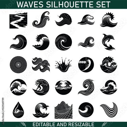 Ocean Wave Silhouettes Editable Vector Set for Design