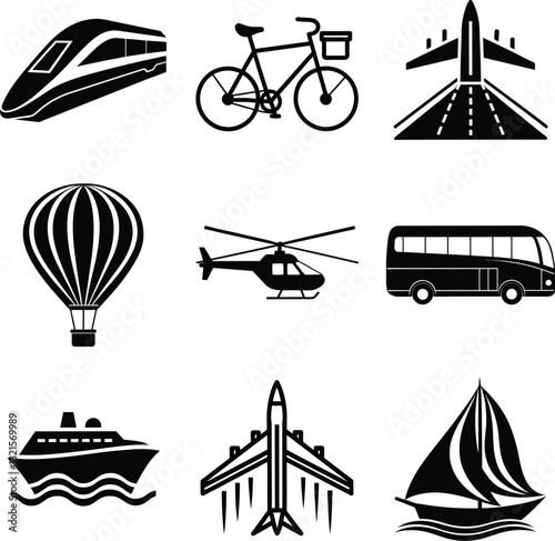 Transportation Icons Travel Modes, Vehicles, Journey, Commute, Speed, Air, Land, Sea, Flight, Cyclin