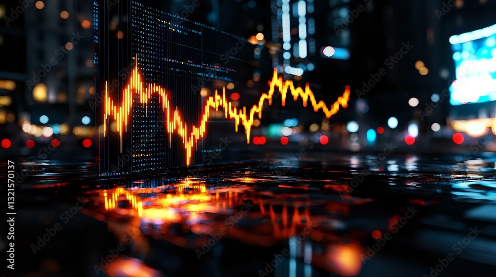 Obraz premium Glowing orange stock market graph chart reflected on wet surface against blurred urban night cityscape with bokeh lights and digital display background.