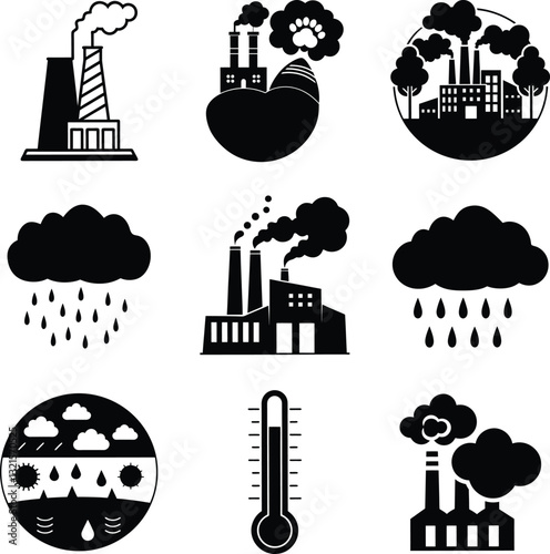 Industrial Pollution Climate Change, Air, Water, and Acid Rain Icons