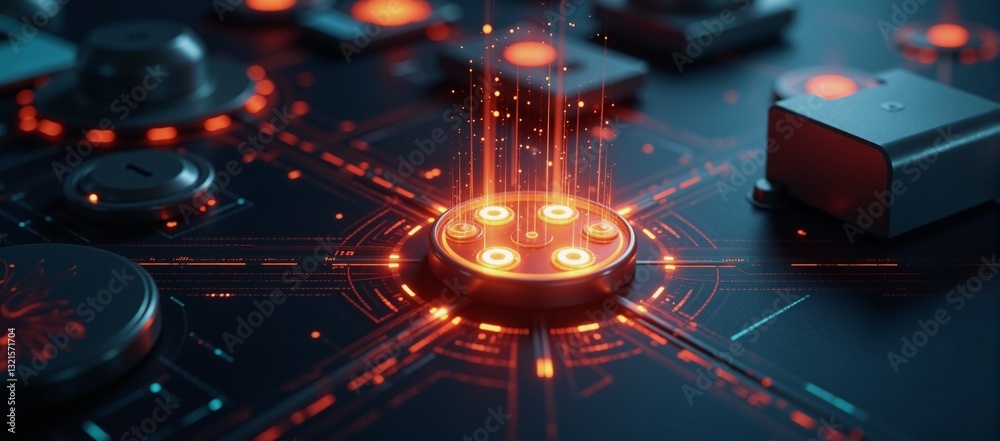 Digital illustration featuring a vibrant innovative tech landscape impacted by security breaches highlighted through glowing icons and urgent color palette