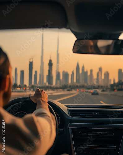 driver points towards distant skyline, filled with wonder and anticipation as he shares breathtaking view with his passenger on bright sunny day