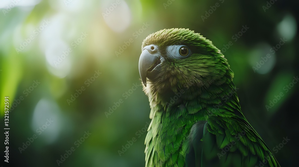 Obraz premium Vibrant green parrot portrait with detailed feathers and curved beak against natural bokeh background, showcasing exotic bird's majestic profile in soft lighting.