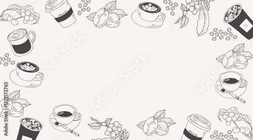 Hand Drawn Illustration Rustic Coffee House Background. Nostalgic coffee shop illustration set, perfect for café promotions, posters, and social media visuals.
