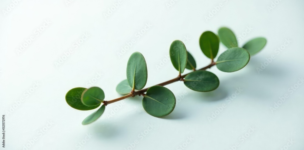 Obraz premium Single eucalyptus branch isolated on a snowy white surface, sleek, greenery, foliage