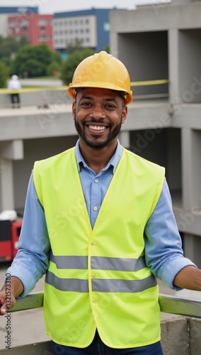 Portrait of an African American construction pro supervising work with smile helment  vest photo