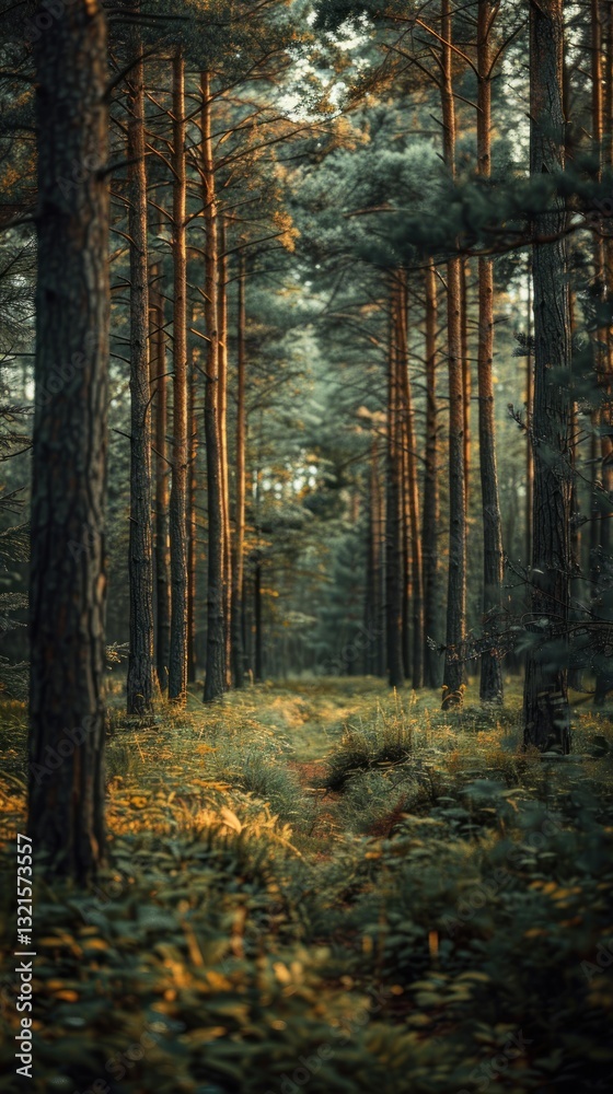 Naklejka premium Serene forest path, sunlight filters through pine trees, tranquil autumnal woods