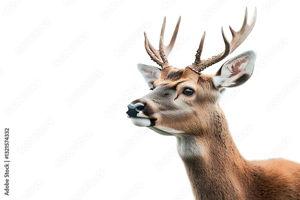 Obraz premium Majestic white-tailed deer buck portrait with antlers isolated on white background, showing detailed facial features and natural expression. Wildlife photography concept.