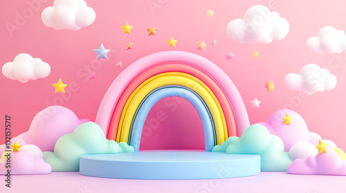 3D rendering of a cartoon rainbow podium background with clouds and stars for product presentation