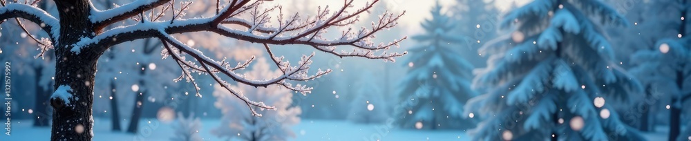 Snowflakes gently fall on barren tree branches,, frosty landscape, bare trees Snowflakes gently fall on barren tree branches,, frosty landscape, bare trees