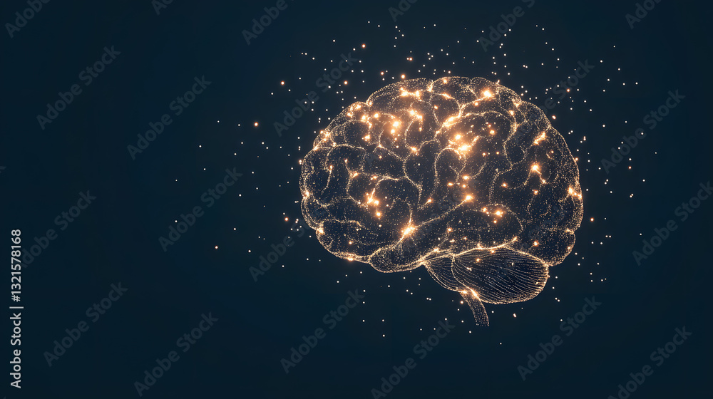 A volumetric human brain made out of points, symbolizing the complexity of the mind and the digital age, rendered in a 3D style.