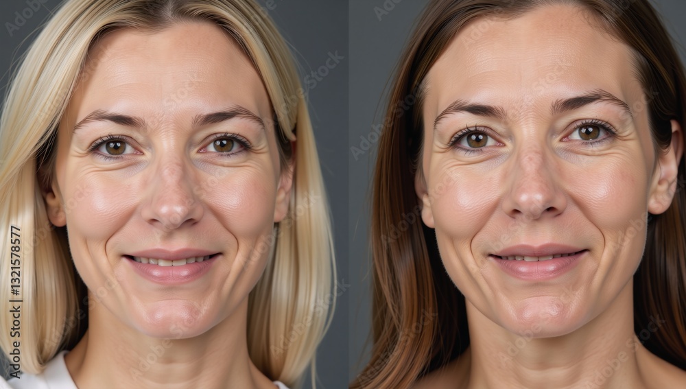 Close-up comparison between young and aged female faces highlights textural differences due to aging Close-up comparison between young and aged female faces highlights textural differences due to aging