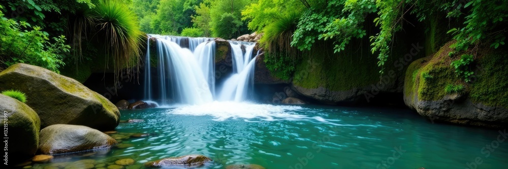Fototapeta premium Turbulent waterfall cascading into a crystal-clear natural pool amidst lush greenery and moss-covered rocks, greenery, pool, wilderness