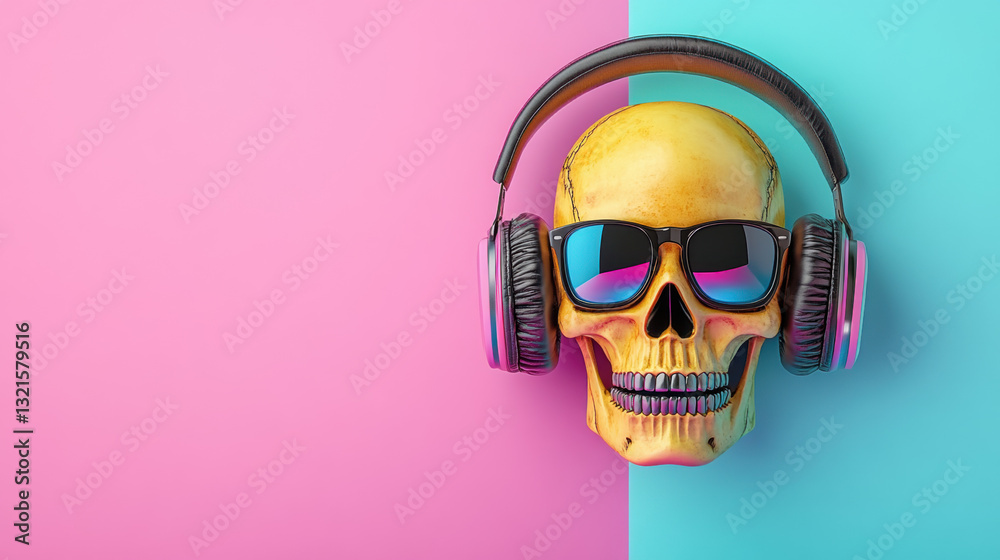 Music of skeleton, Colorful skull with headphones and sunglasses against a split pink and blue background. Music of skeleton, Colorful skull with headphones and sunglasses against a split pink and blue background.