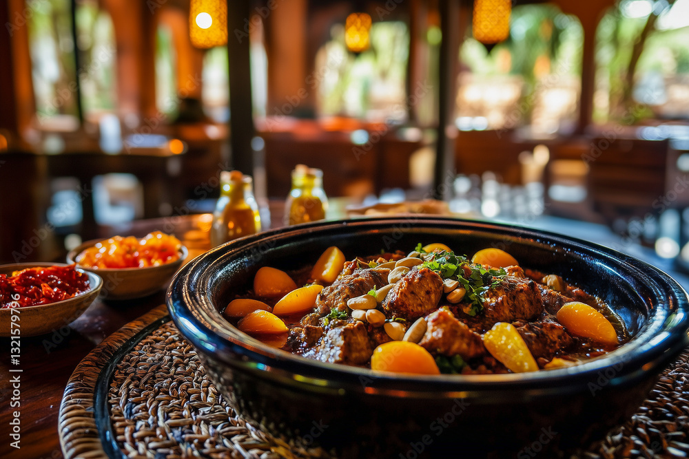Fototapeta premium Traditional Moroccan meat dish in a ceramic plate in a Arabian style restaurant.
