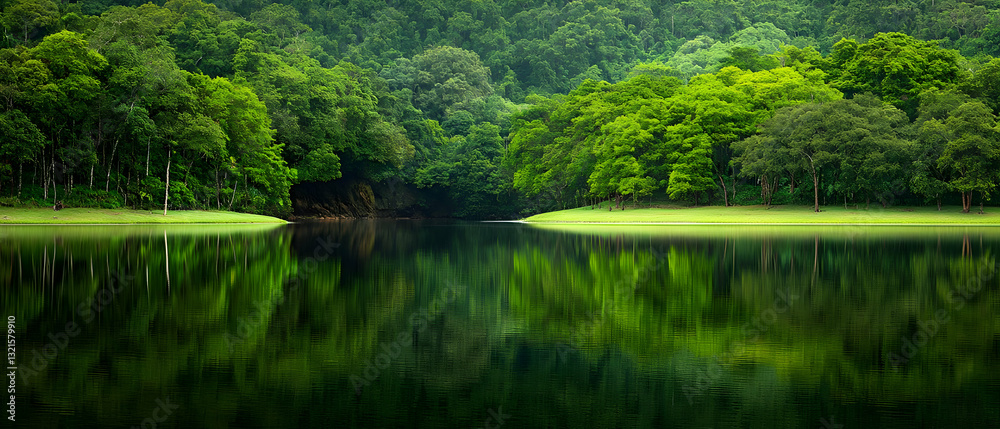 Serene Green Forest Reflected In Calm Lake Water With Lush Vegetation And Dense Canopy In Pristine Natural Habitat Serene Green Forest Reflected In Calm Lake Water With Lush Vegetation And Dense Canopy In Pristine Natural Habitat