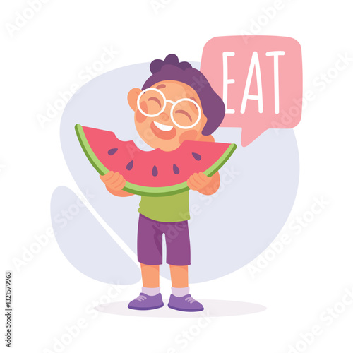 Boy Eat Watermelon as Verb Study with Little Kid Demonstrating Activity Vocabulary Vector Illustration