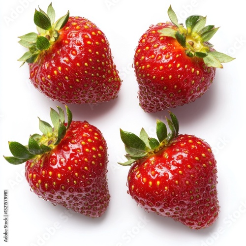 Isolated on white. Four Ripe Red Strawberries on White Background