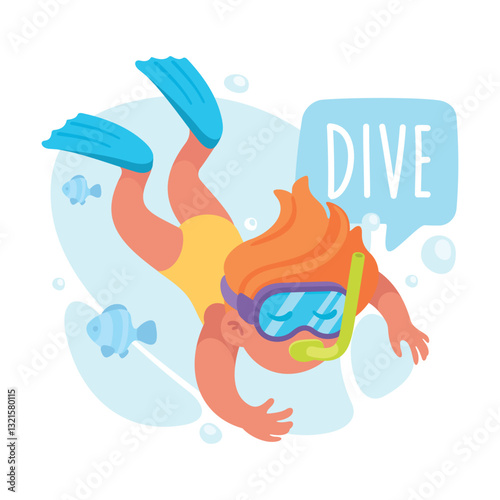 Girl Dive with Snorkeling Tube as Verb Study with Little Kid Demonstrating Activity Vocabulary Vector Illustration