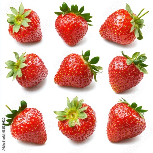 Isolated on white. Nine Red Strawberries on White Background