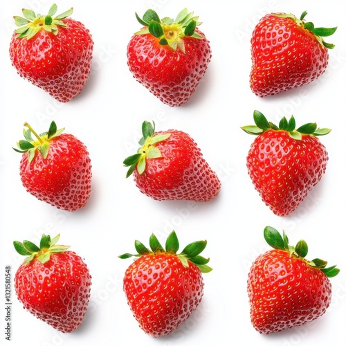 Isolated on white. Nine Ripe Red Strawberries on White Background