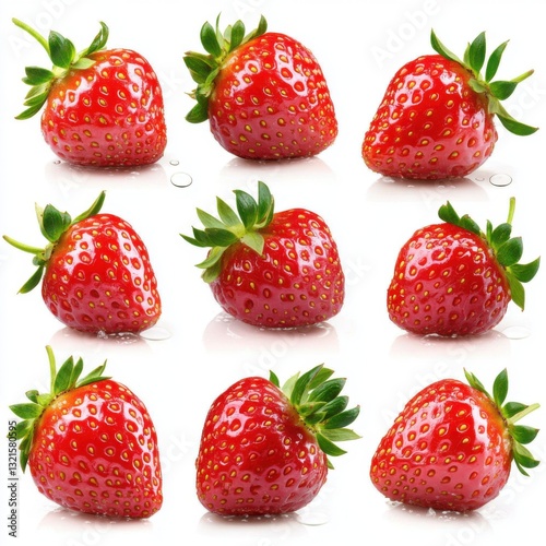 Isolated on white. Nine Ripe Red Strawberries on White Background