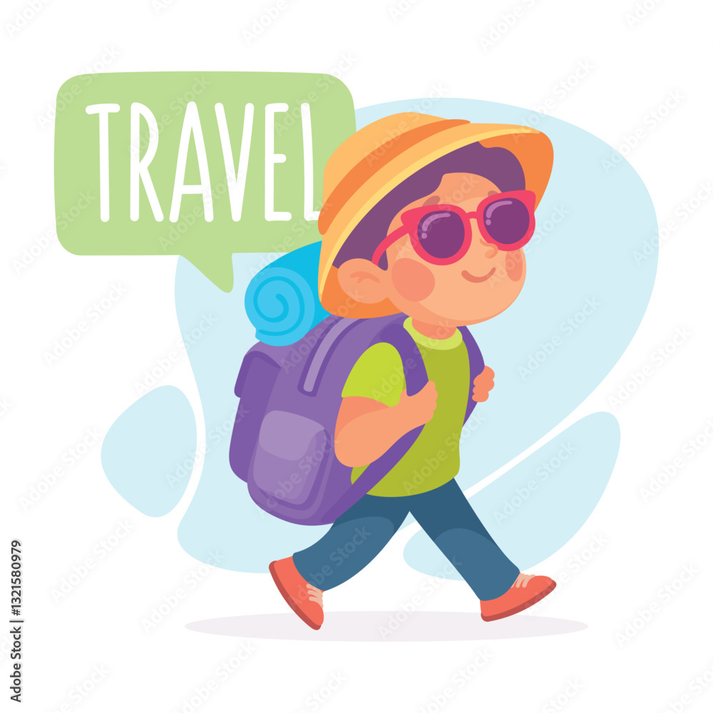 Boy Travel with Backpack as Verb Study with Little Kid Demonstrating Activity Vocabulary Vector Illustration Boy Travel with Backpack as Verb Study with Little Kid Demonstrating Activity Vocabulary Vector Illustration