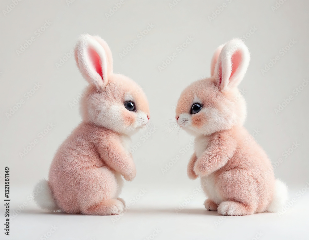 Obraz premium Two cute pink rabbit toys face to face at each other. Generative ai