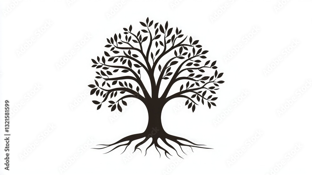 Fototapeta premium A stylized tree icon with roots and branches forming a balanced shape. 
