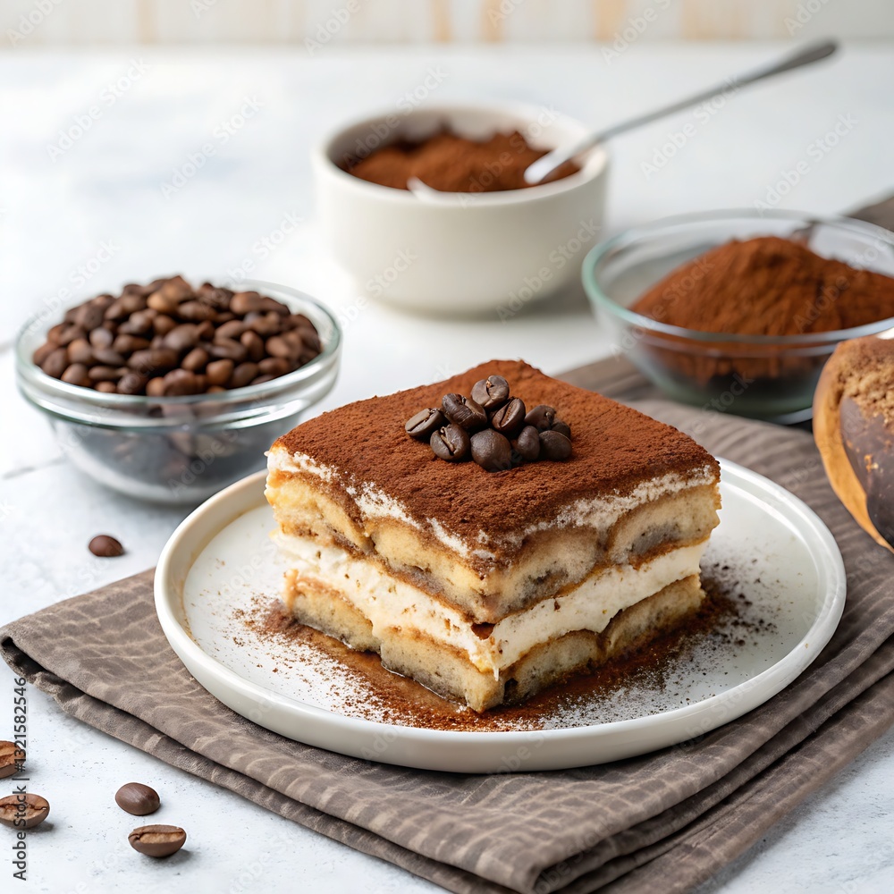 Traditional tiramisu with coffee beans on the side Traditional tiramisu with coffee beans on the side