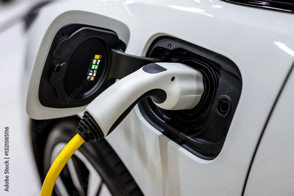 Close-up of an electric car charging at a station with a plugged-in charging cable, representing eco-friendly transportation and sustainable energy Close-up of an electric car charging at a station with a plugged-in charging cable, representing eco-friendly transportation and sustainable energy