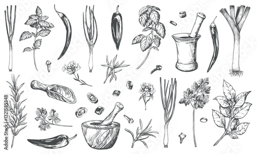 Set of spices, engraving style. Basil, onion, leek, bay leaf, rosemary, thyme, chili, paprika, chilli, garlic, cloves, parsley and herb mortar. Kitchen herbs vector linear sketch