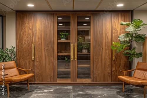 Elegant wooden storage unit with glass doors showcasing plants and greenery complemented by leather chairs and marble flooring photo