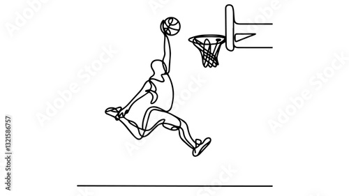 minimalist continuous one line drawing illustration of a basketball player dunking