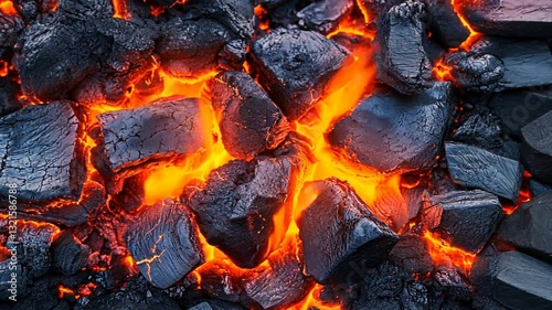 Close-up shot of glowing hot charcoal embers providing a vibrant orange glow